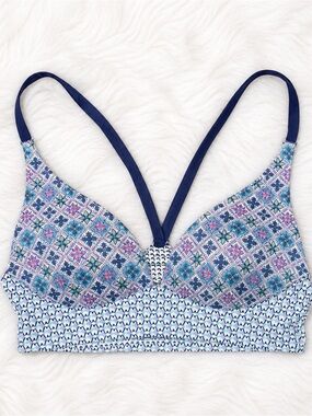 Victoria’s Secret Lightly Lined Plunge Bra 32B Blue Boho Print Bralette Style ✨